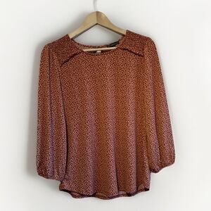 Adrianna Papell Blouse Womens M Rust Floral 3/4 Sleeve Keyhole Stretch Top